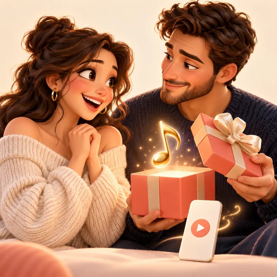 Een stel geeft elkaar een muzikaal cadeau – 3D-illustratie